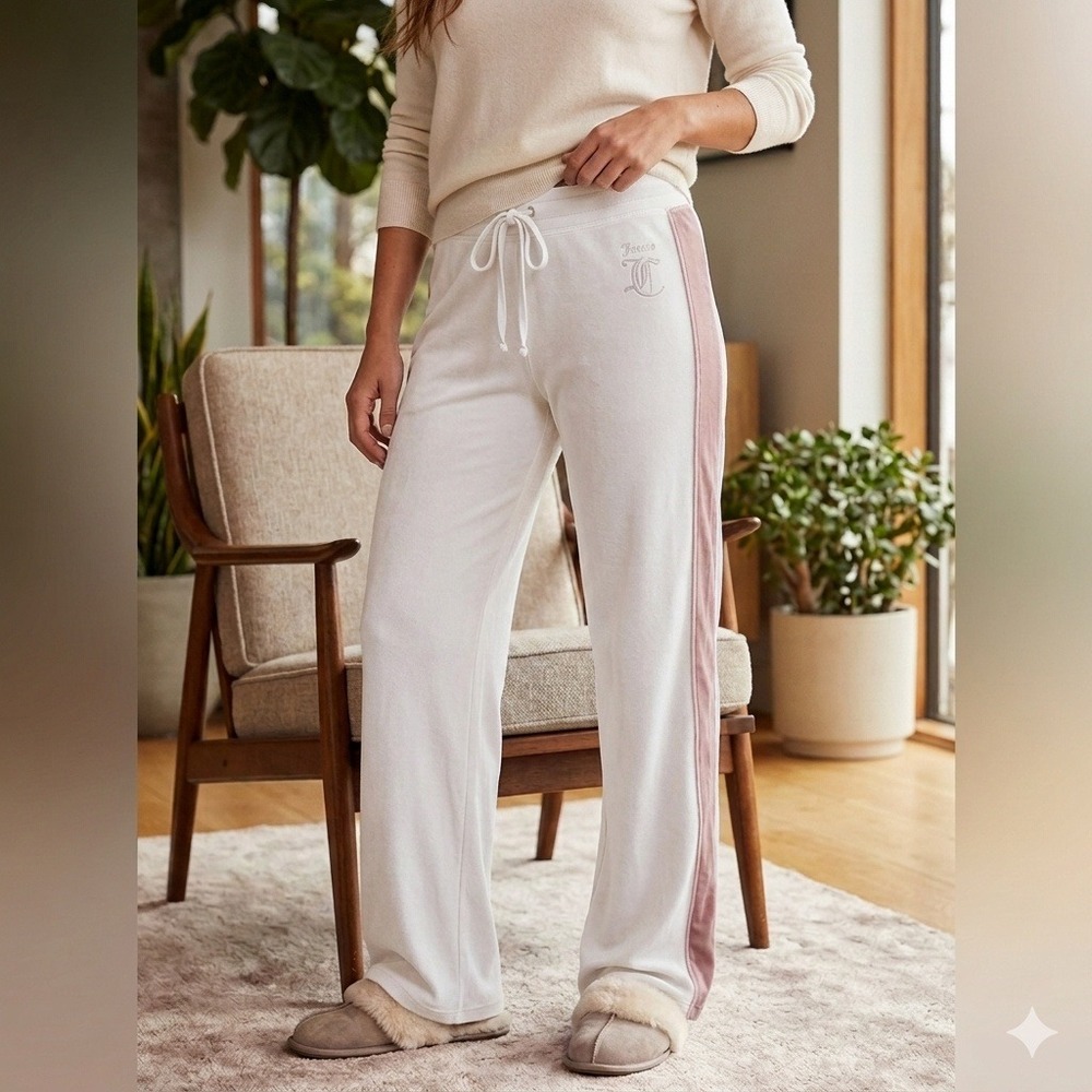 Juicy Couture Wide Leg Side Stripe Velour Lounge Pants Rhinestone White Small